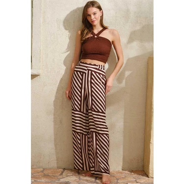 Herşey Trend Herşeytrend  Boyundan Bağlamalı Çizgili Yazlık Uzun Ip Detaylı Pijama