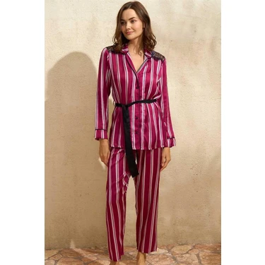 Herşey Trend Herşeytrend  Saten Çizgili Düğmeli Uzun Kol Dantelli Gömlek ve Pantolon Pijama Takım