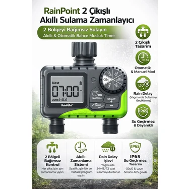 Raınpoınt 2 Çıkışlı Akıllı Sulama Zamanlayıcı Bahçe Musluk Timer IP65 Su Geçirmez Otomatik