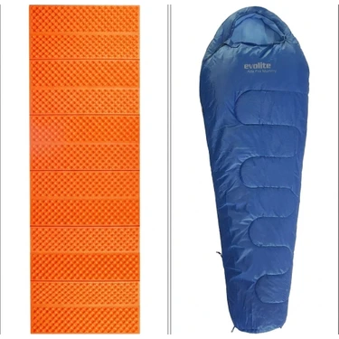 Evolite Alfa Pro Uyku Tulumu (0 Derece) & Ultralight Comfort Katlanır Mat (Turuncu) Kamp