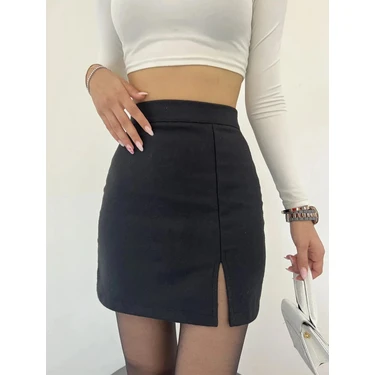 Hamera Siyah Esnek Kumaş Yırtmaçlı Mini