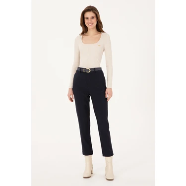 U.S. Polo Assn. Kadın Lacivert Carrot High Waist Fit Kanvas Pantolon