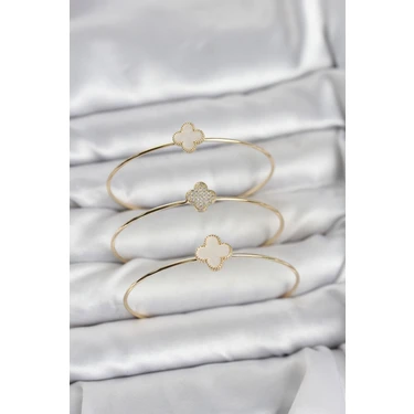 Gold Renk Yonca Model Zirkon Taşlı 3&AMP;#39LÜ Kadın Bileklik