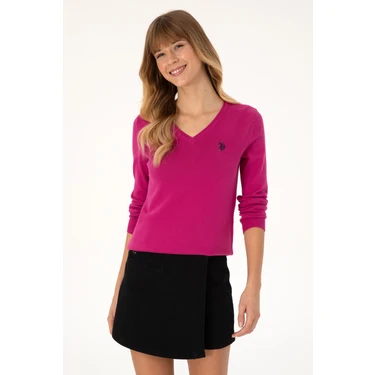 U.S. Polo Assn. Kadın Pembe V Yaka Basic Kazak