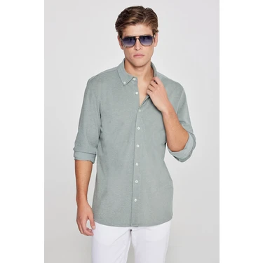 Altınyıldız Classics Erkek Haki Pamuklu Tailored Slim Fit Dar Kesim Düğmeli Yaka Örme