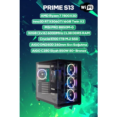 Game Garaj Prime S13 Amd Ryzen 7 7800X3D 32GB RAM 1TB SSD RTX5060Ti 240MM Sıvı Soğutma Freedos