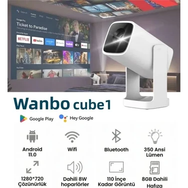 Wanbo Cube1 Projeksiyon Cihazı-Dahili Android TV 11.0 Widevine L1 sertifikalı & 8W Hoparlör -