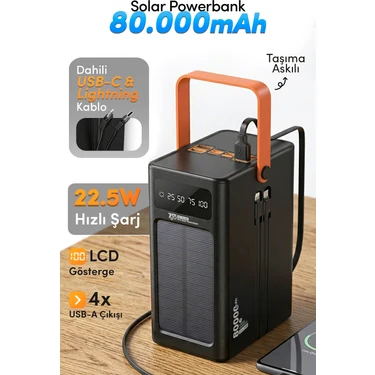 7go Gpw-10 80000MAH Güneş Enerjili Powerbank Pd 22.5W Hızlı Şarj – Dahili Kablolu, 4 USB Çıkışlı