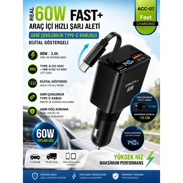 Zoli 60W Hızlı Şarj Araç Içi Şarj Aleti – Geri Çekilebilir Type-C Kablo, Dijital Göstergeli, Pd 30W