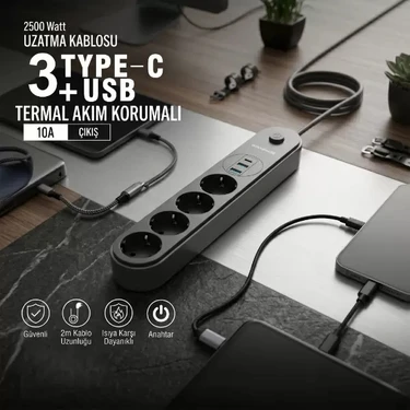 MiraLive Termal Akım Korumalı 4 Prizli USB Girişli Uzatma