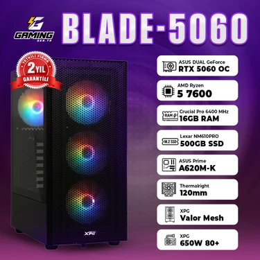 GamingGenTR BLADE-5060 / AMD Ryzen 5 7600 / Asus Dual GeForce RTX 5060 8GB / 16GB Ram / 500GB SSD