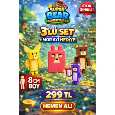 Voltrex Design Super Bear Adventure Oyuncak 3’lü Set + Mor Ayı Hediye |oynar Eklemli Figür |8 cm