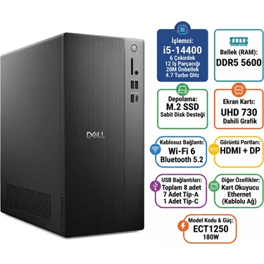 Dell Tower ECT1250 Intel Core I5-14400 16GB 512GB SSD Windows 11 Pro Masaüstü Bilgisayar