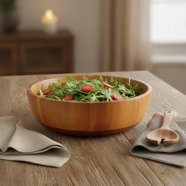 Mabeyn Doğal Akasya Ahşap Salata ve Meyve Kasesi – 28 cm Büyük Boy Yuvarlak Sunum Tabağı, Çerezlik