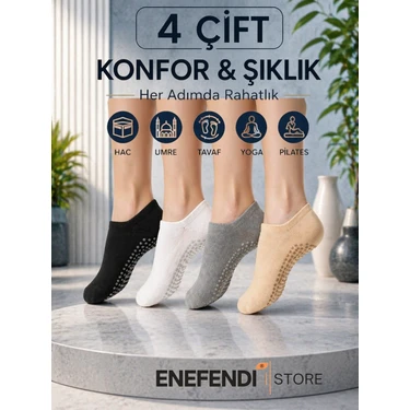 NF ND ENEFENDİ 4 Çift Kaydırmaz Unisex Yoga, Pilates, Tavaf Çorabı | Spor Patik Çorap Beyaz|Gri