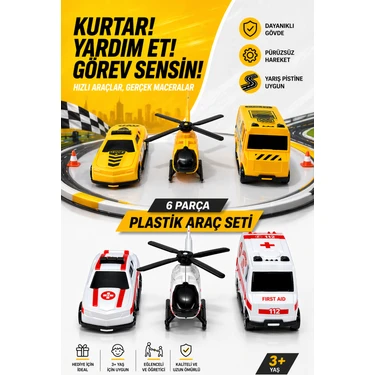 Mind Games 6 Adet Plastik Araç Seti - Inşaat ve Ambulans Araba
