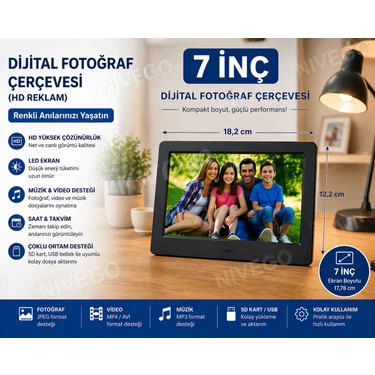 Nivego Nvg Dijital Fotoğraf Çerçevesi 7” Inç Hd Ekran | Video & Müzik Destekli | USB & Sd Kart