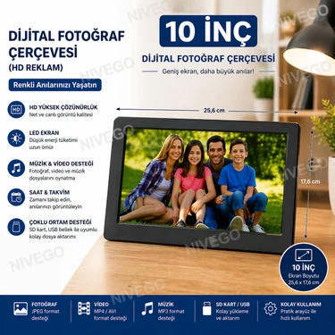Nivego Nvg Dijital Fotoğraf Çerçevesi 10” Inç Hd Ekran | Video & Müzik Destekli | USB & Sd Kart
