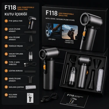 Azurtech F118 Profesyonel Turbo Hava Üfleyici 130.000 Rpm | Kablosuz El Tipi Güçlü Fan & Toz