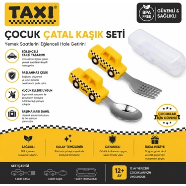 Jojobebek Sarı Renk Taksi Figürlü Premium Çocuk BPA Free Silikon Sap Paslanmaz Çelik Uçlu