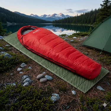 Evolite Alfa Pro Uyku Tulumu (0 Derece) Kırmızı & Ultralight Comfort Katlanır Mat (Haki) Kamp