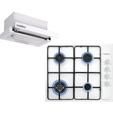 Luxell 2'li Beyaz Aspiratörlü Set Modeli (Aspiratör + Ocak) 4 Gözlü Gazlı Emaye