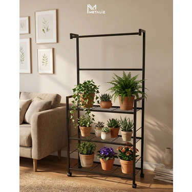 Metaliz Tekerlekli Metal Saksı Standı ve Bitki Askılığı - 3 Raflı Portatif Çiçek Rafı