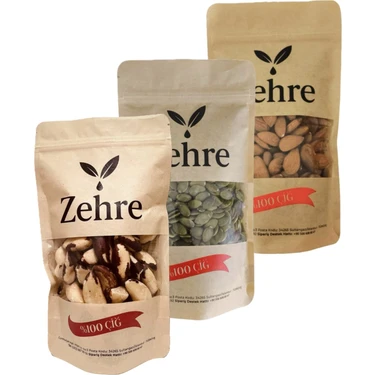 Zehre 250 gr Çiğ Kabak Çekirdeği Içi + 250 gr Çiğ Badem Içi + 100 gr Brezilya