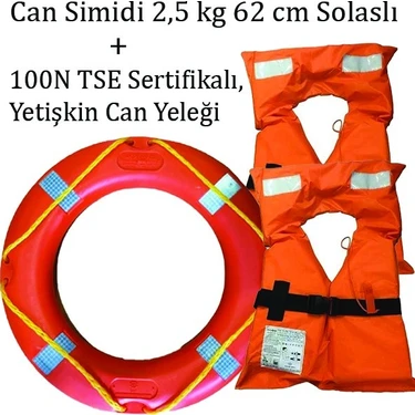 1 adet Vira Deniz Can Simidi 2,5 kg 62 cm Solaslı  2 adet 100N Sertifikalı Can Yeleği