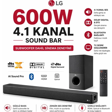 Lg 600 W Ultra Ses Güçlü 4.1 Kanal Dolby Digital ve Dts Destekli Akıllı Bluetooth Soundbar