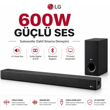 Lg 4.1 Kanal Yapısına Sahip 600 W Ev Sineması Soundbar ve Harici Subwoofer Sistemi Optik ve HDMI
