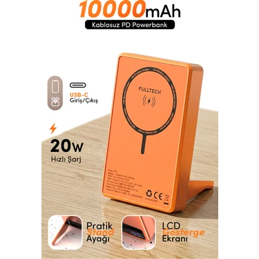 Fulltech FP50 Magsafe Wireless Powerbank Turuncu 10000MAH 20W LCD Ekranlı Standlı Taşınabilir Şarj