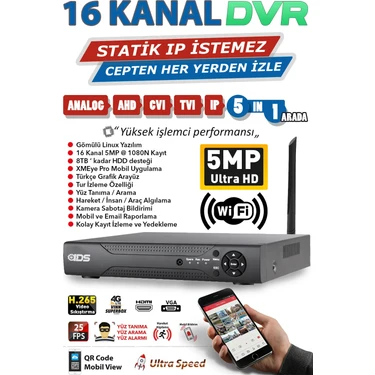 IDS 16 Kanal 1080N Full HD H265 DVR Kayıt Cihazı Cepten İzle Fiyatı