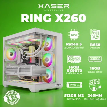 Xaser Ring X260 Ryzen 5 7500X3D 16GB Ddr5 Ram 512GB M.2 Nvme SSD 16GB RX9070 Masaüstü Oyuncu