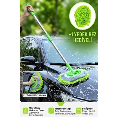 Sihirli Mop Araba Yıkama Fırçası Mikrofiber Bezli Teleskopik Saplı +1 Yedek Bez