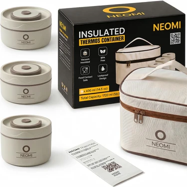 Neomi 3'lü Set Lunch Box Isı Yalıtımlı Yemek Termosu Seti Paslanmaz Çelik Çantalı 304 Çelik Tse