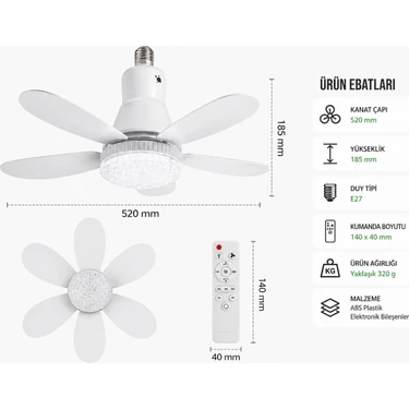 Nivego Pervaneli LED Lamba Fan – Kumandalı Tavan Vantilatörü, Ampul Tipi Soğutucu Işık, 3 Kademeli