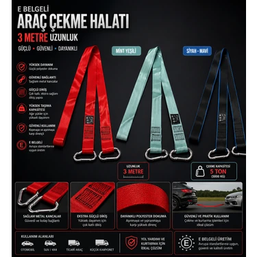 Sns Ticaret E-Onaylı Araç Çekme Halatı 3 Metre 5 Ton Kapasiteli – Güçlü Dikişli Metal Kancalı Çekme