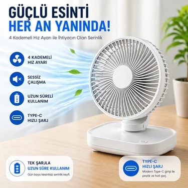 Robeve Yk Şarjlı Masaüstü Vantilatör USB Type-C – 4 Kademeli Hız, Sessiz Çalışma, Taşınabilir Mini