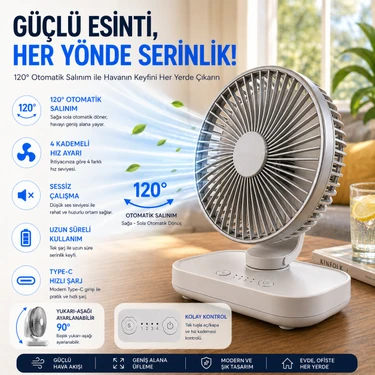 Robeve Yk Otomatik Dönebilen Şarjlı Masaüstü Vantilatör 120° Otomatik Döner Salınım Özellikli Fan