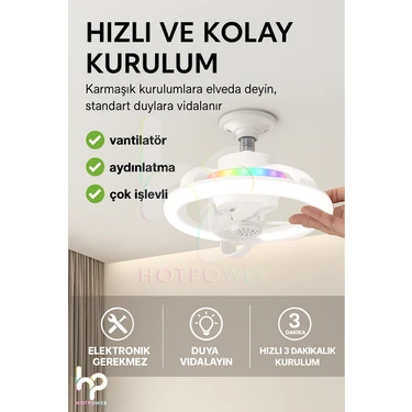 Hot Power 360° Dönebilen E27 Tavan Vantilatörü Ampul LED Işık Uzaktan Kumandalı Rgb Renkli