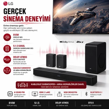 Lg 9.1.5 Kanal Çevresel Ses Sunan Kablosuz Subwoofer ve Arka Hoparlörlü Dolby Atmos Destekli 810 W