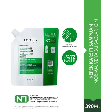Vichy Dercos Yeniden Dolum Paketi 390 ml Normal/Yağlı Saçlar İçin Kepek Karşıtı Saç Bakım