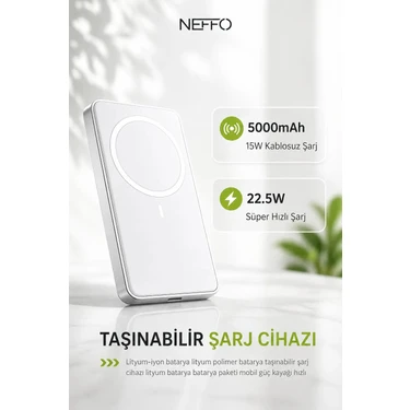 Neffo 5000 mAh MagSafe Wireless Powerbank – 22.5W Hızlı Şarj, 15W Kablosuz