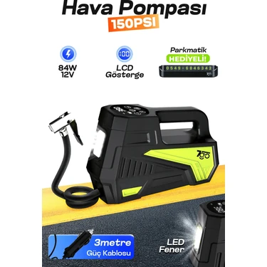 7go 7A7 Turbo Boost 150 Psı Araç Hava Pompası – 12V Çakmaklık Girişli Dijital Lastik Şişirme