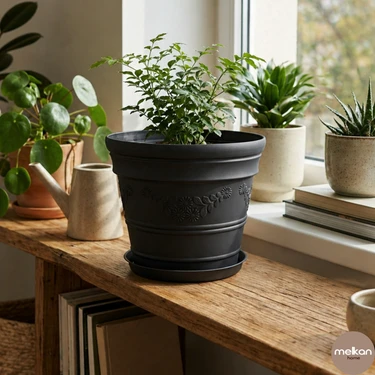 Melkan Home Papatya Desenli Dekoratif Siyah Saksı 3 Litre – Dayanıklı Çiçek Saksısı, Balkon Bahçe
