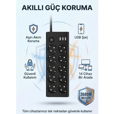 Matechno 10'lu 2mt Uzatma Kablolu Çoklu Priz Akım Korumalı Grup Uzatma Priz 3x USB 1x Type-C