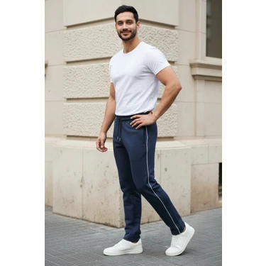 EYDAMOON Erkek Lacivert Boydan Biyeli Baggy 2 Iplik Rahat Kalıp Geniş Paça Eşofman