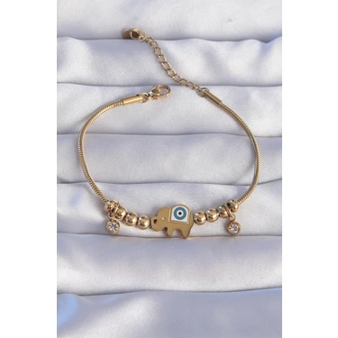 Uravas Store 316L Çelik Gold Renk Zirkon Taşlı Nazarlı Fil Tasarımlı