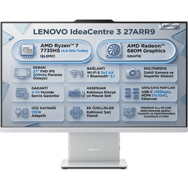 Lenovo Ideacentre 3 27ARR9 Amd Ryzen 7 7735HS 8gb 512GB SSD 27" Fhd Freedos All In One Pc